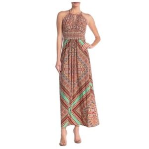 London Style Collection Medallion‎ Halter Maxi Dress Orange Teal Boho Size 10
